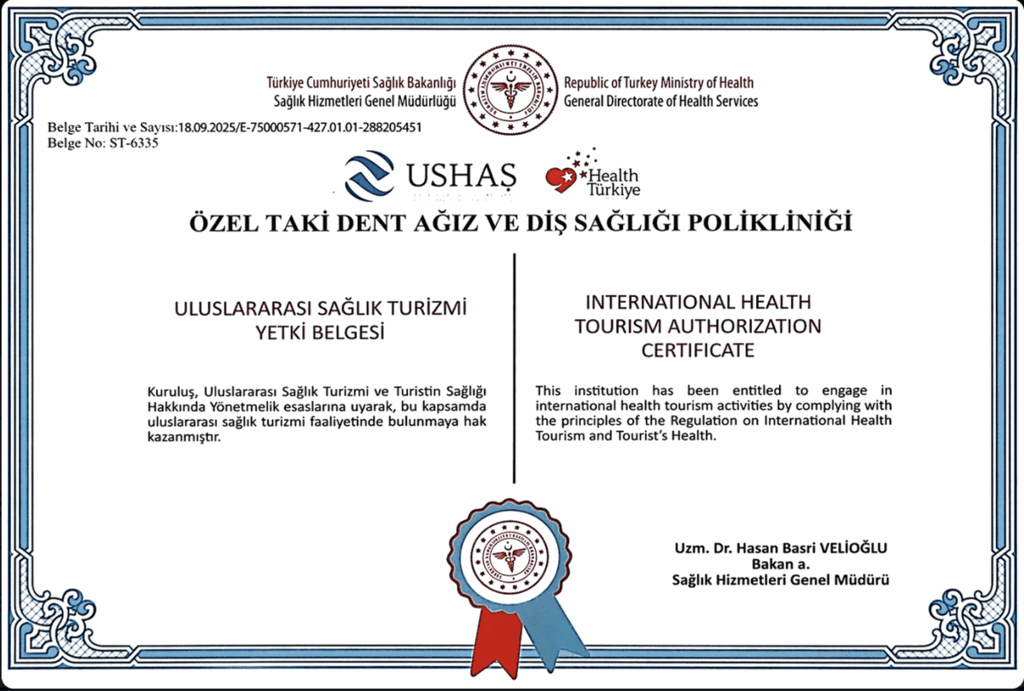 Taki Dent — Turkish Ministry of Health International Health Tourism Authorization certificate ST-6335